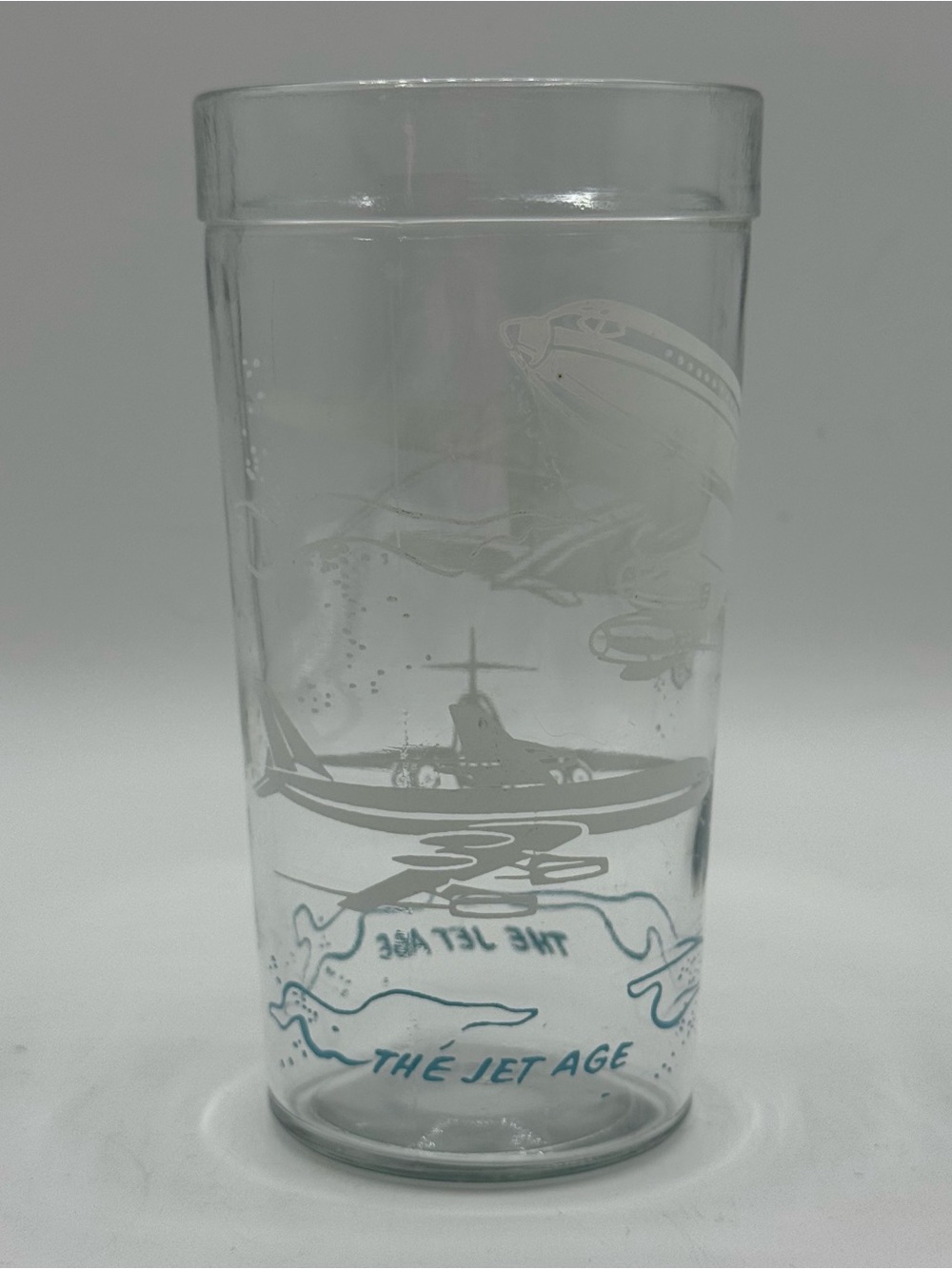 Vintage 60’s Atomic The Jet Age Airplane Peanut Butter and Jelly Glass Aqua
